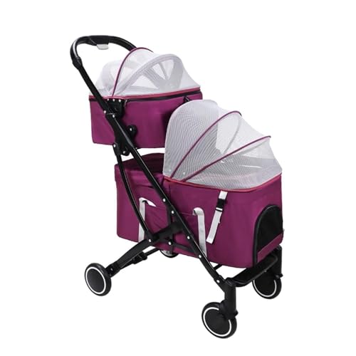 Travel Pram for Multiple Pets,Cats/Dogs Pram,Twin Pet Stroller,with Detachable Travel Cart Carrier,Premium Double-Layer Dog Prams,Two Cats or Dogs,Purple