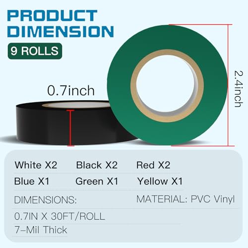 Image of 9 Rolls Colored Electrical Tape (0.7 Inch by 30 Feet) | Waterproof White Black Red Green Blue Yellow Electrical Tape, Suitable for Home, Commercial, and Industrial Use