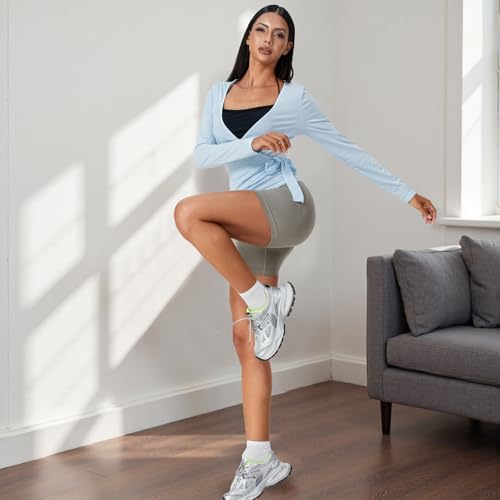 Frauen Y2k Ballett Wrap Top Langarm Tiefer V-Ausschnitt Slim Fit Yoga Pilates Ballet Workout Tops Frühling Kleidung (A-Lake Blue, S)