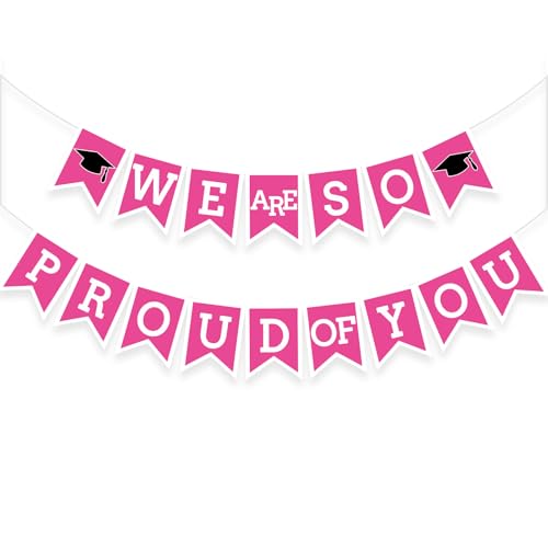 Image of Hot Pink We Are So Proud Of You Banner Congrats Grad Cap Bunting Flag Grad Party Decoration Idea