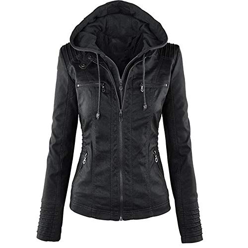 Newbestyle Damen-Jacke mit Kapuze, Lederjacke, Langarm, kurz, Reißverschluss, Motorrad-Stil Gr. XS, Schwarz Newbestyle Damen-Jacke mit Kapuze, Lederjacke, Langarm, kurz, Reißverschluss, Motorrad-Stil Gr. XS, Schwarz