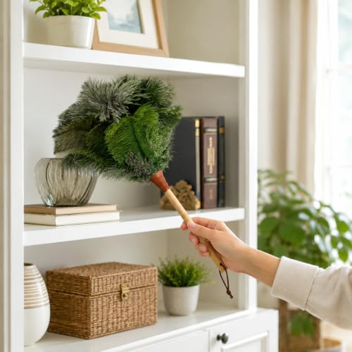 Image of 16inch Natural Good Ostrich Feather Duster with Bamboo Handle, Electrostatic Dust Remove for Ceiling,Fans,Bookshelves, Sofa, Windows, Fit for Home, Office and Cars Duster Green