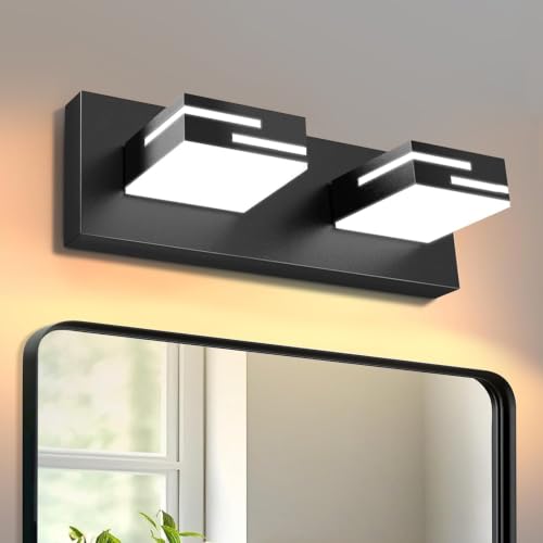 Image of LED Modern Bathroom Vanity Light Fixtures, Dimmable Matte Black Vanity Lights for Bathroom Lighting Fixtures Over Mirror, with 360 Rotatable Acrylic Heads 2-Light 16-inch 5CCT
