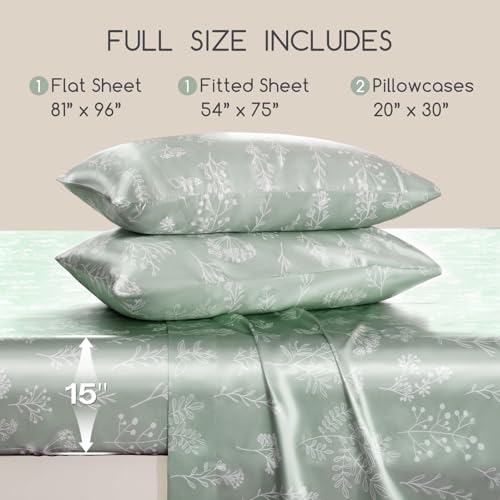 Image of MR&HM Satin Bed Sheets with Elastic Corner Straps, Full Size Sheets Set, 4 Pcs Silky Bedding Set with 15 Inches Deep Pocket for Mattress (Full, Floral Sage)