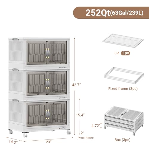 84 Qt Stackable Storage Bins with Lid, Closet Organizer and Storage Drawer, Collapsible Storage Box with Wheels, Plastic Clothes Storage Cabinet Containers for Home Organization, 3Pack White - Image 3