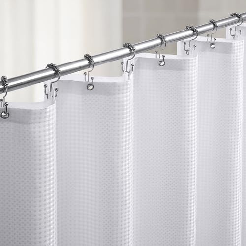 Lameirose White Shower Curtain and Liner 3 in 1 Waffle Shower Curtain Set with 12 Double Sided Shower Curtain Hooks Fabric Shower Curtains for Bathroom 72 x 72