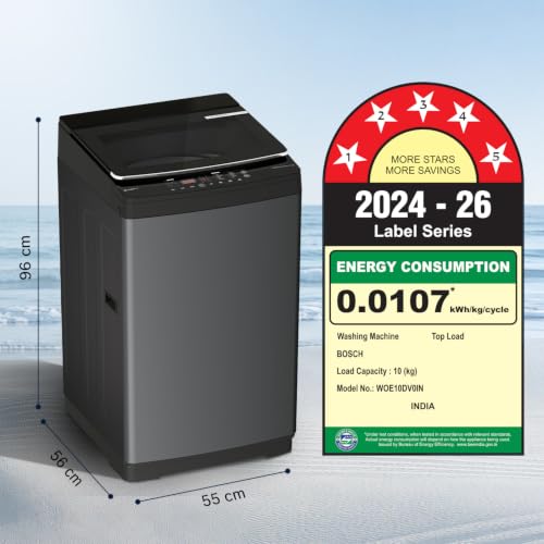 Image of Bosch 10 KG 5 Star Fully Automatic Top Loading Washing Machine,Glass Lid with chrome finish, Smart Program; Tempered Glass with Soft Closing Lid,Unique display with 10 Button,Vietnam Black(WOE10DV0IN)