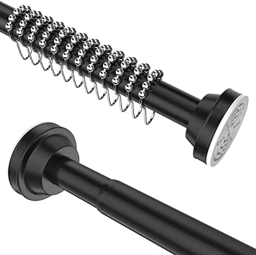 Tension Shower Curtain Rod No Drilling Adjustable 41.34-76.77" Never Rust and Non-Fall Down Spring Shower Curtain Rail with 12 Pcs of Shower Ring for Wardrobe Pole,Shower Pole,Curtain Rod - Black