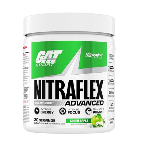 Image of GAT SPORT Nitraflex Advanced Pre-Workout Powder - Energy Drink Mix - Supports Healthy Blood Flow - Boosts Strength & Energy - Creatine-Free - 30 Servings - Green Apple