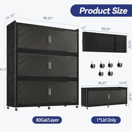 Image of 240 Gallon Extra Large Collapsible Storage Bin with Lid, 960QT Stackable Plastic Organizer with 6x Wheels, Foldable Drawer Cabinet for Closet, Living Room Office, Kitchen 3Pack, Black