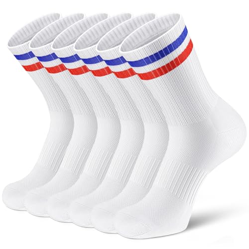 Airacker Athletic Socks Sport Running Calf Socks Performance Cushioned Breathable Crew Socks for Men Women(6 Pairs), White With Blue Red Striped, 9-12