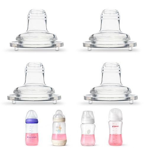 Image of Sippy Spout Nipples for Lansinoh, MAM, Evenflo, Pigeon Baby Bottles 4-Count | Food Grade Soft Silicone, BPA, Lead and Phthalate Free, Variable Flow, Spill-Proof, Converts Bottle to Sippy Cup, 4+ months