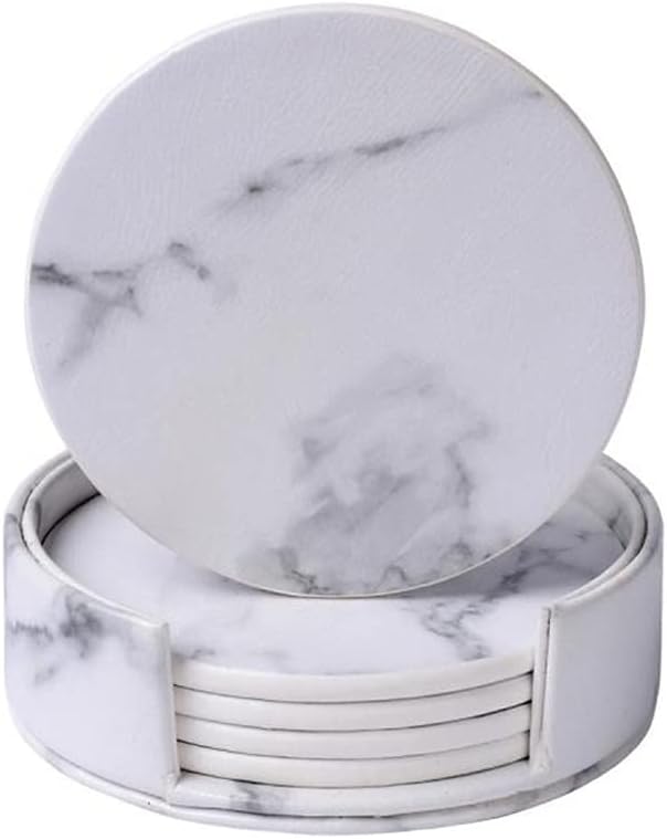 6 Pcs Round Square Marble Leather Table Cup Placemats Creative Environmental Plastic Drink Tea Coasters Heat-Resistant(OneColor,Round)