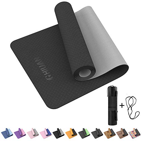 GHIUAN Yoga Mat,1/4 Inch TPE Non-Slip Thick Yoga mats for Women Workout Exercise Mat, Eco Friendly Fitness Mat for Training, Yoga, Exercise with Carrying Strap & Storage Bag (Black Grey)