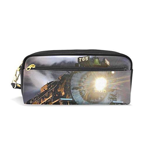 Preisvergleich Produktbild Ahdyr Bleistiftetui Steam Train PU Leder Bleistiftbeutel Reißverschluss Stiftbeutelhalter Student Stationary Cosmetic Makeup Bag