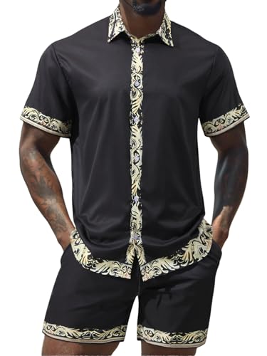 Men's 2-Piece Satin Short Set, Hawaiian Style Shirt and Shorts with Gold Trim, Black