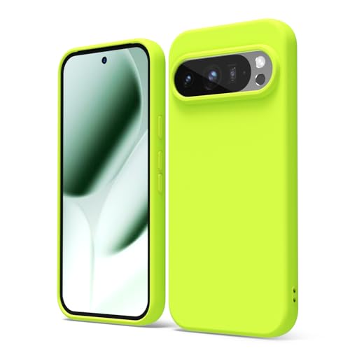 oakxco for Google Pixel 10 Pro XL Phone Case Liquid Silicone, Cute Thin Slim Soft Rubber Gel for Women Men, Smooth Matte Plain Bright Color Girly Case with Camera Cover, Fluorescent Neon Green Lime