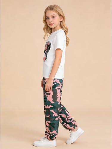 Image of Girls 4 Pieces Outfits Short Sleeve Printed Tee Tops and Pants Set 4-12Y