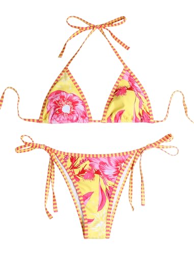 Image of ZAFUL Womens Printed Triangle Bikinis 2 Piece Halter Bikini Sets High Cut Bathing Suit Side Tie Swimsuits