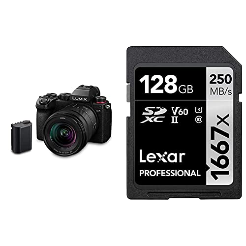 Panasonic LUMIX DC-S5 S5 Full Frame Mirrorless Camera body, 4K 60P Video Recording with Flip Screen and Wi-Fi, 20-60 mm Lens, (Black) & Lexar Professional 1667x 128GB SDXC UHS-II Card, Black
