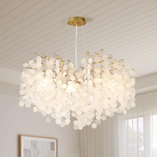 VBKK 24-Inch Capiz Shell Chandelier, 8-Light Gold Coastal Chandelier, Modern Crystal Tree Branch Chandeliers, Boho Light Fixture for Bedroom, Living Room, Foyer, Entryway, Stairwell