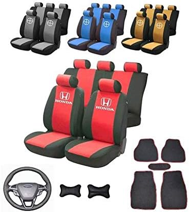 SPACE Honda City Logo Car Seat Cover Set with Comfort + Covers Front and Rear Seats + Car Mats + Steering Wheel Cover Leather 37-38 cm + Car Neck Cushion