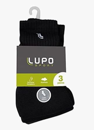 Lupo, Kit 3 Pares de Meias Esportivas, Cano Médio Preto 79% Algodão, Atoalhada com Calcanhar Verdadeiro