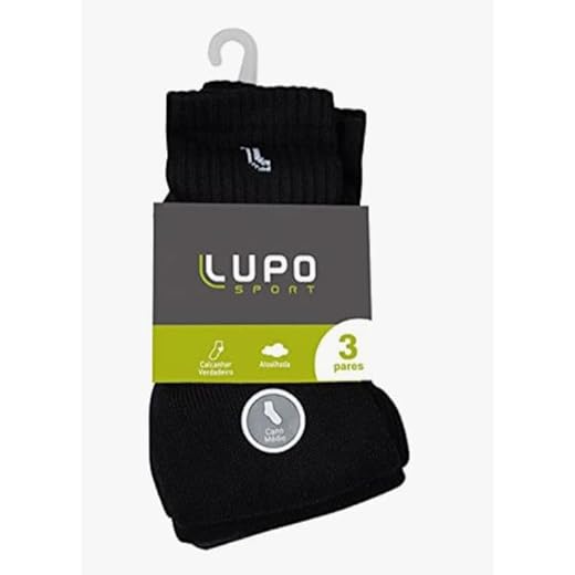 Lupo, Kit 3 Pares de Meias Esportivas, Cano Médio Preto 79% Algodão, Atoalhada com Calcanhar Verdadeiro (BR, Numérico, 41, 44, Regular, Regular, Preto)