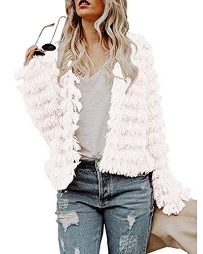 Womens Open Front Faux Fur Coat Vintage Parka Shaggy Jacket Cardigan White