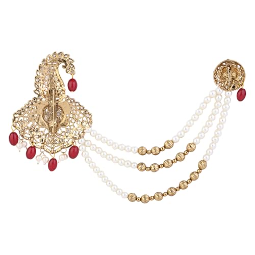 Image of I Jewels Gold Plated Traditional Stone Pearl Drop Safa Kalangi Brooch for Groom /Men /Dulha Pagadi (SM70M)