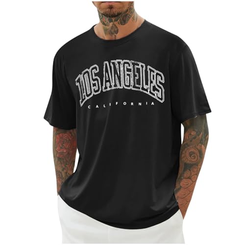 UHouse T-Shirts für Herren Oversized Sommer Tshirt Los Angeles Oberteile Loose Fit T Shirt Männer Casual Mode Motiv Bekleidung Junge Tee Shirts Streetwear Baumwolle Tops Schwarz 3XL