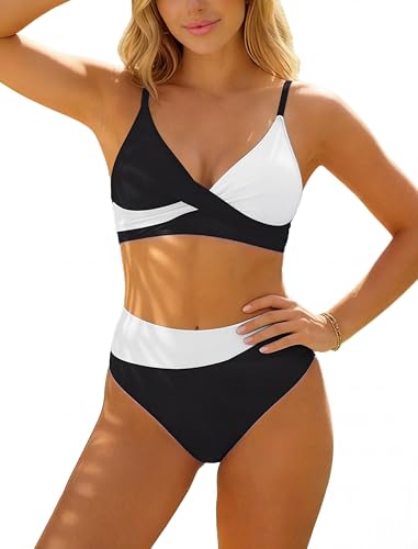 TcIFE Conjunto de Bikini para Mujer Tiro Alto, Cuello en V Cruzado de Dos Piezas Tiro Alto Control de Abdomen Traje de Baño, Bloques de Color Bañador