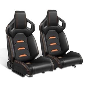 DNA MOTORING 2PCS Racing Bucket Seats with Adjustable Recline & Dual Rails, Compatible with 4 Point Harness, PVC Leather/Orange Carbon Looking Leather, RS-JBR-007-OG