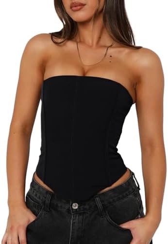 UNCOOYEE Women's Sexy Corset Tube Top Summer Lace-Up Backless Y2K Going Out Double Lined Cropped Tank Tops