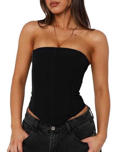UNCOOYEE Womens Sexy Corset Tube Top Spring/Summer Backless Strapless Y2K Going Out Double Lined Cropped Tank Tops for Ladies Night Out Dinner Black X-Small
