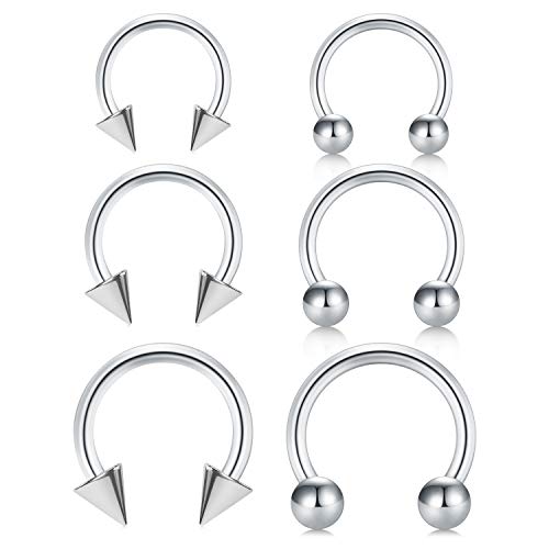 Longita 6PCS 16G Stainless Steel Horseshoe Nose Hoop Rings Eyebrow Lip Ear Rings Tragus Earrings Septum Piercing Ear Helix Cartilage Daith Conch Body Piercing Jewellery Dia 8-12mm-Silver