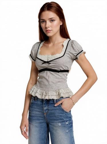 Lolita Tank Top for Women Kawaii Lace Trim Bow Shirt Cutecore Y2k Summer Clothes Vintage Aesthetic Gothic Streetwear3