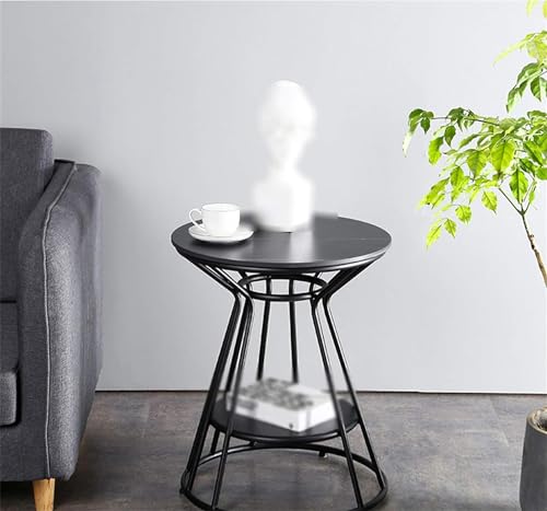 Image of Al Hama Modern Round Coffee End Table with Engineered Wood Top and Metal Frame for Small Spaces Sofa Side 2-Tier Storage Shelf for Laptop Work (Black)