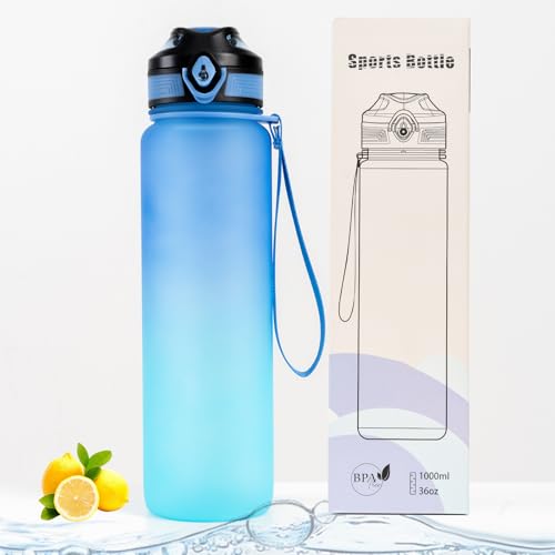 Botella de agua con filtro, botella de agua motivada 36oz con marcador para beber, Tritan, sin BPA, 100% impermeable, 1 l botella de agua deportiva con correa de transporte, para gimnasio o aire libre