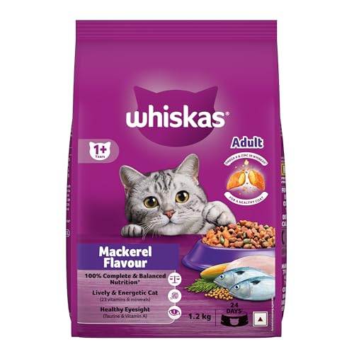 Image of Whiskas Adult (1+ Years) Dry Cat Food, Mackerel Flavour, 1.2 kg, Contains 41 Essential Nutrients, Complete & Balanced Nutrition for Adult Cats