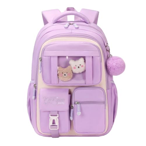 Image of MATMO Multi-Pocket Girls Boys School Backpack Kids Student Bookbag Travel Daypack (Purple with White)
