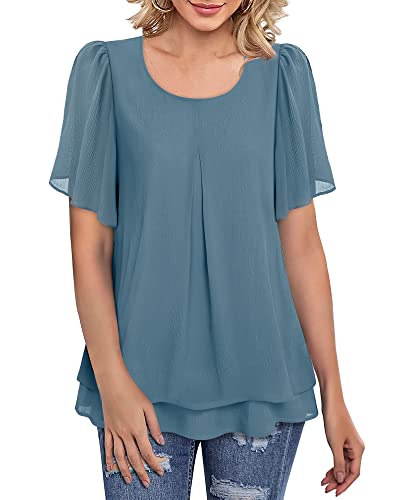 Gaharu Tops Womens Ruffle Short Sleeve Crew Neck Double Layers Chiffon Blouses Loose Fit Flowy Tunic Tops Chiffon Shirts Office Wear Grey Blue,L #TOP3