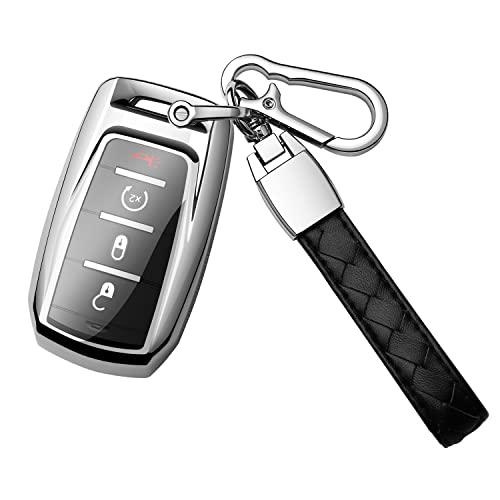 Houking for Dodge Key fob Cover,Soft Protector Case Key Shell with Leather Keychain,Fit for Dodge Ram 1500 Remote Key,Key Case Silver