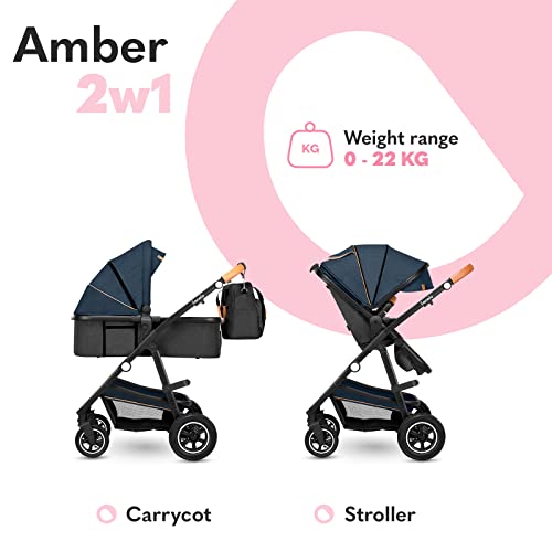 LIONELO Amber Kinderwagen 2 in 1 Kombikinderwagen, Kinderwagen Set mit sportlichen Sitz und fester Babywanne, Tasche, Moskitonetz, Abdeckung Regenblatt (Blau)