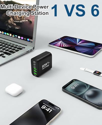 Image of 90W GaN USB C Charger Block,6-Port USB C Wall Charger Fast Charging 45W PD Power Adapter for iPhone 17Pro Max /Samsung Galaxy S24 Ultra /Tabs /MacBook Air /iPad Pro for Home Travel