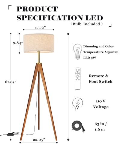 Image of ELYONA Floor Lamp for Living Room, Solid Ash Wood Tripod Floor Lamp with Remote Control, Stepless Dimmable Standing Lamp for Bedroom, Office, Tall Lamp with Linen Shade, Mid Century Modern & Farmhouse