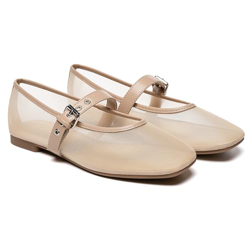 Image of Rihero Mesh Ballet Flats for Women Square Toe Mary Jane Flats Comfortable Casual Ballerina Shoes