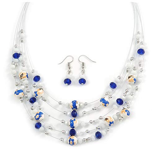 Juego de collar y pendientes de gota de cristal Avalaya en blanco y azul de 50 cm