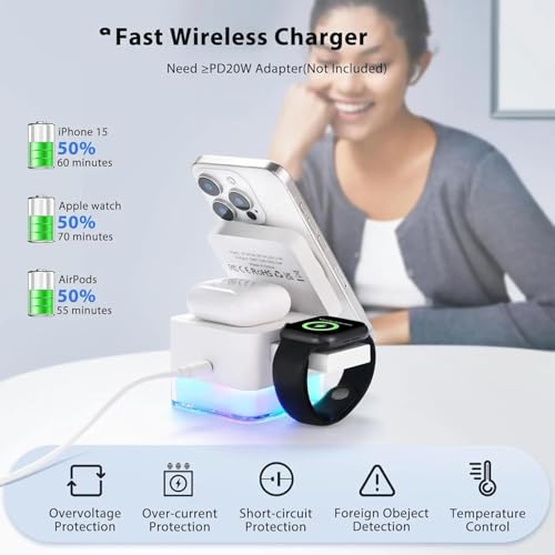 Image of Karwan Wireless Charger 3in1 22w Magnetic Mag-Safe with Lamp for i-Phone 16 /16 Plus /16 Pro /16 Pro Max, iPhone 15 /15 Plus /15 Pro /15 Pro Max,iPhone 14 /13 /12, Samsung 21 /22 /23 /24 /25,iwatch-White