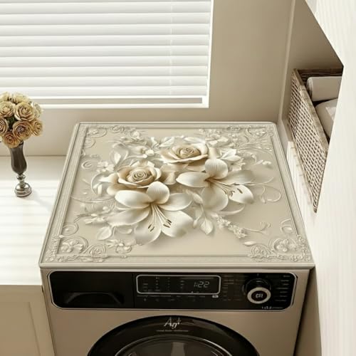 Image of Stylish Floral Washing Machine Mat | Waterproof Anti-Slip Absorbent Top Cover Mat for Laundry Room | Washable Dustproof Protective Floral Print Mat for Front Load and Top Load Washing Machines
